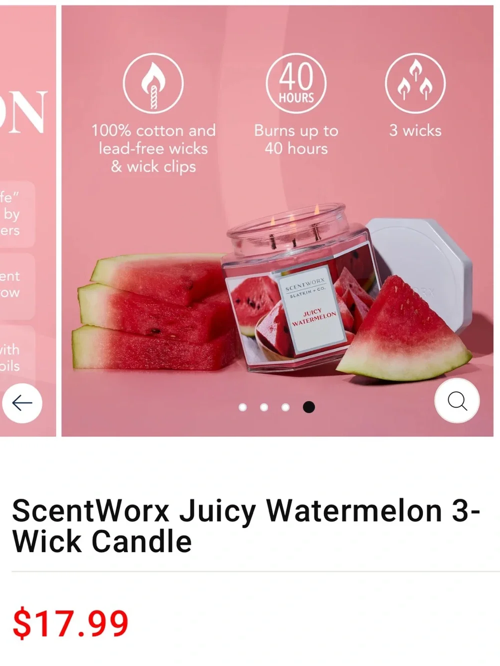 ScentWorx Juicy Watermelon Pink Red 3-Wick 14.5oz Hexagonal Glass Jar Candle